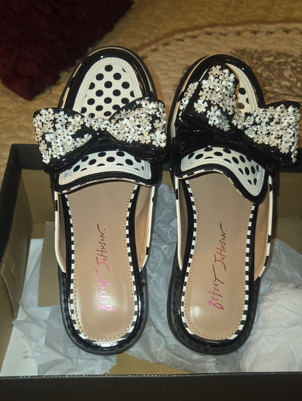 Betsey Johnson Black and White Polka Dot Bow Mules